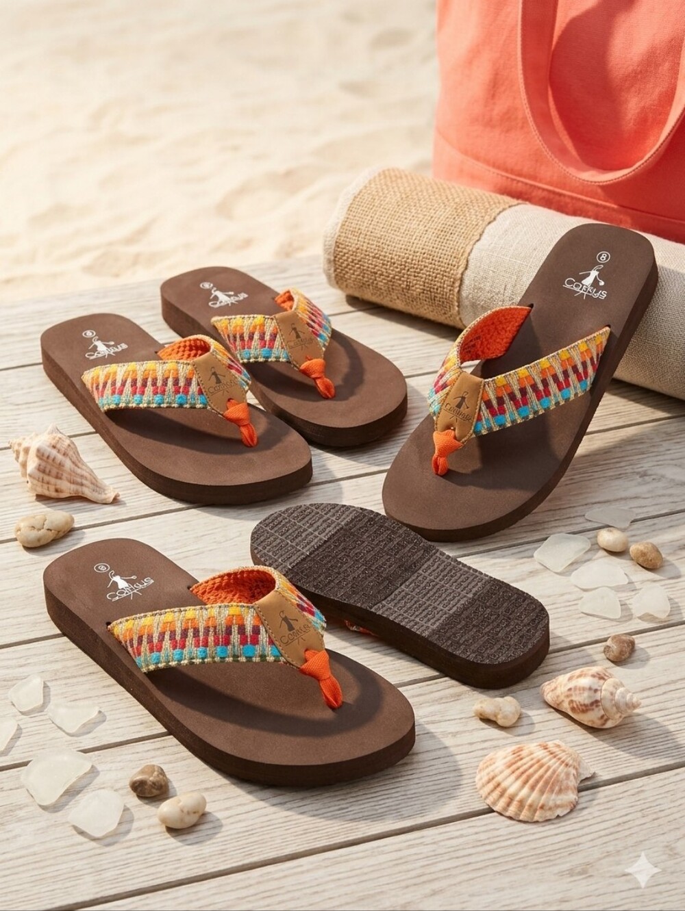 Corkys Women's Orange Multicolor Woven Strap Flip Flops